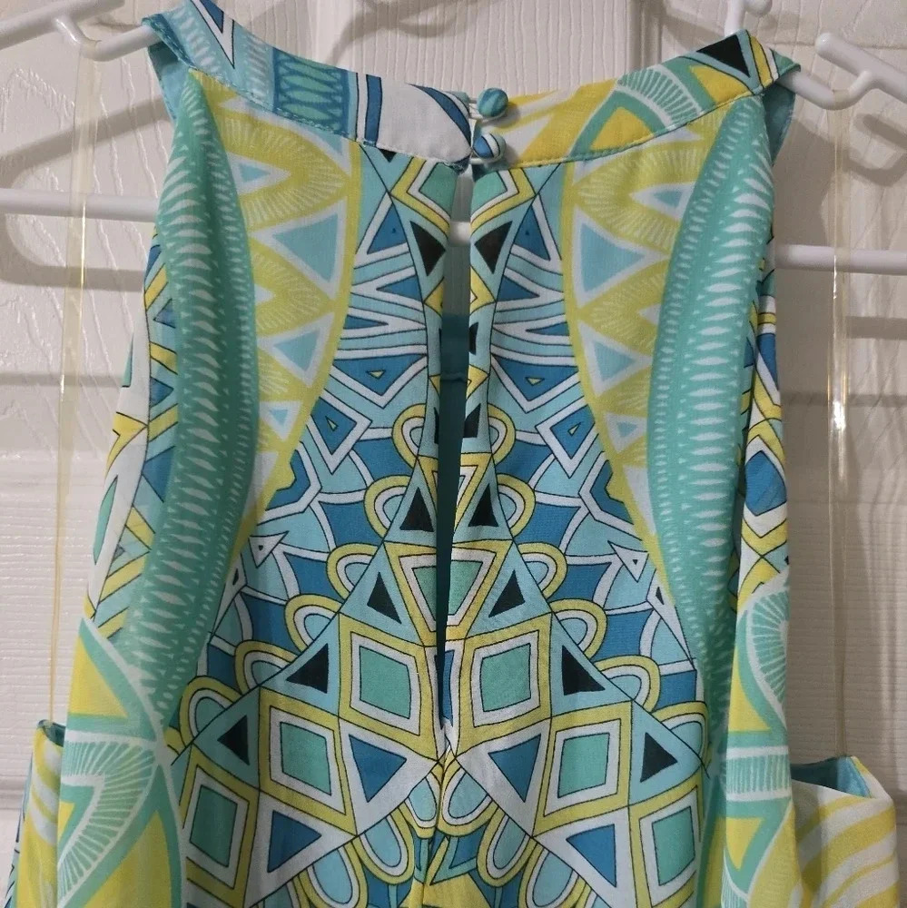 MSK Geometric Print Maxi Dress, Jeweled Halter Neckline, Stretchy Waist, EUC! - Picture 6 of 11
